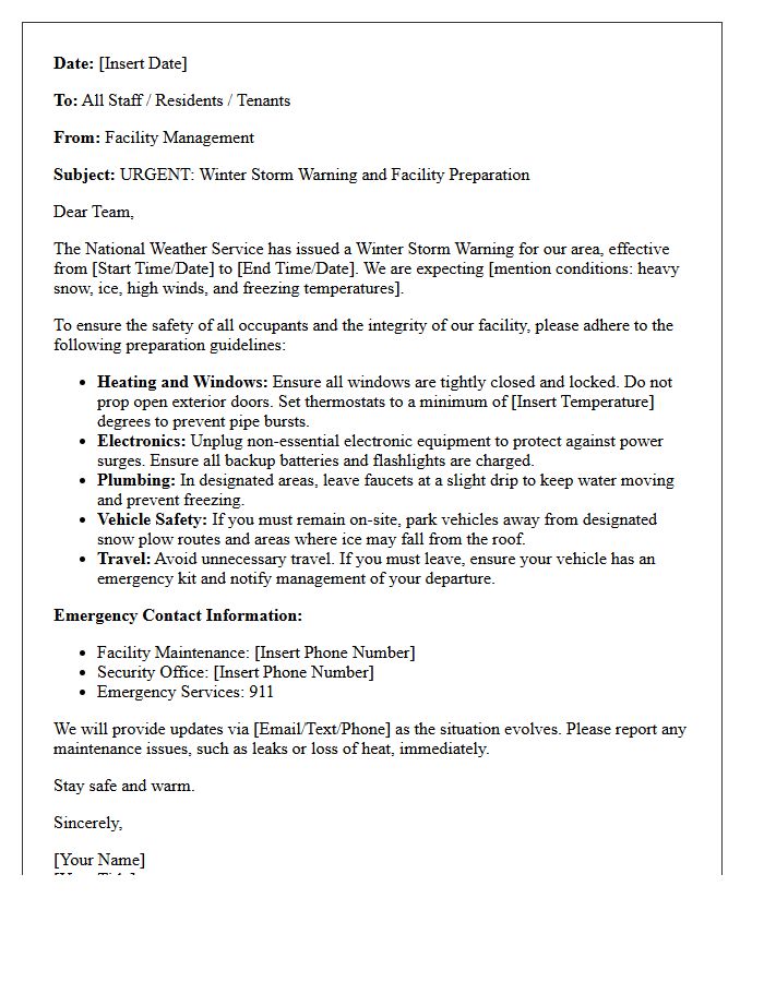 Winter Storm Warning and Facility Preparation Letter