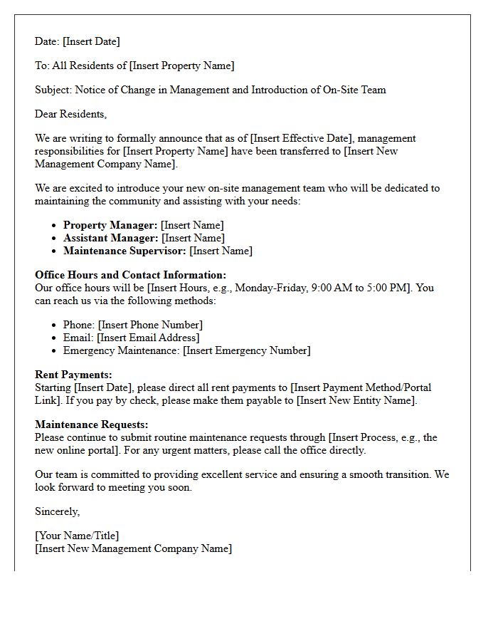Change of Management Letter Introducing the New On-Site Team