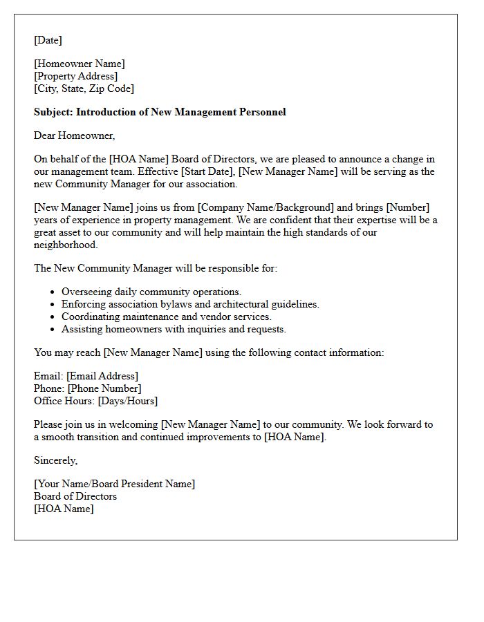 Introductory Letter to Homeowner Association Members Regarding New Management Personnel