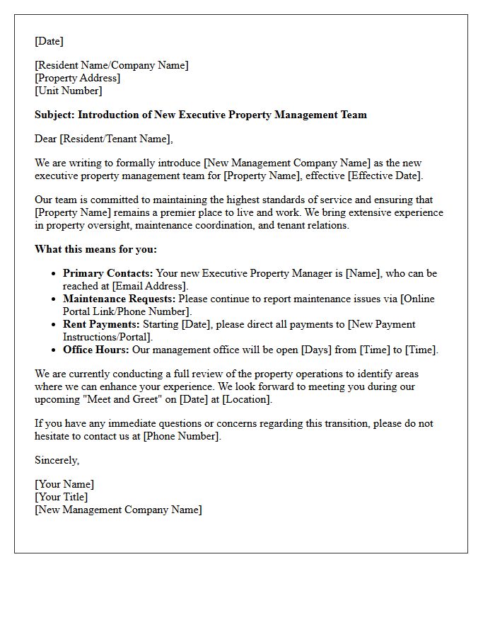 Letter of Introduction for the Incoming Executive Property Management Team
