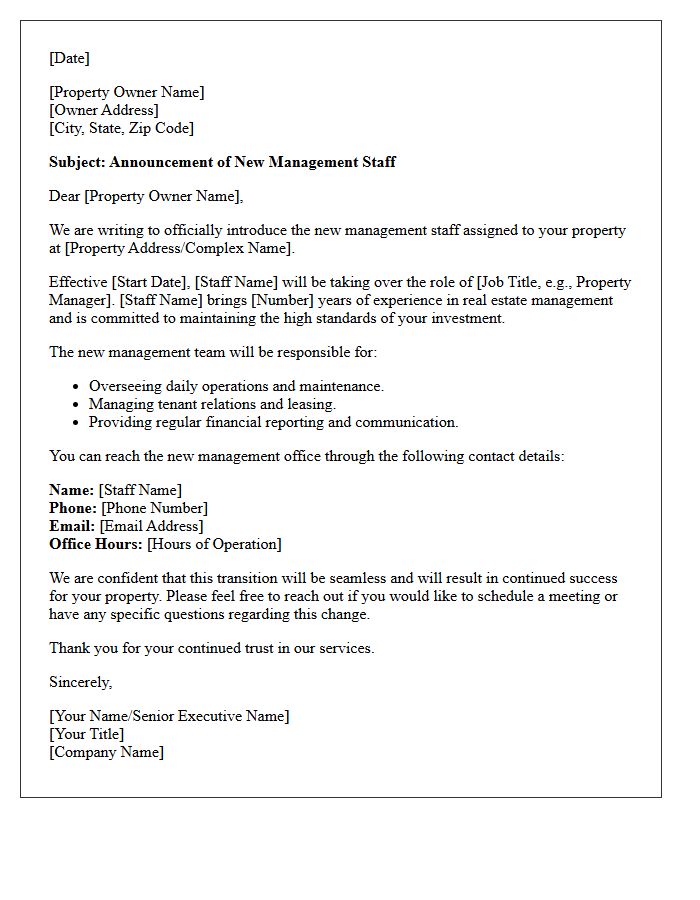 Letter to Property Owners Announcing the New Management Staff
