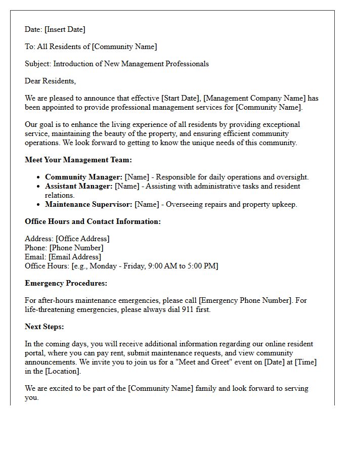 Residential Community Letter Introducing Your New Management Professionals
