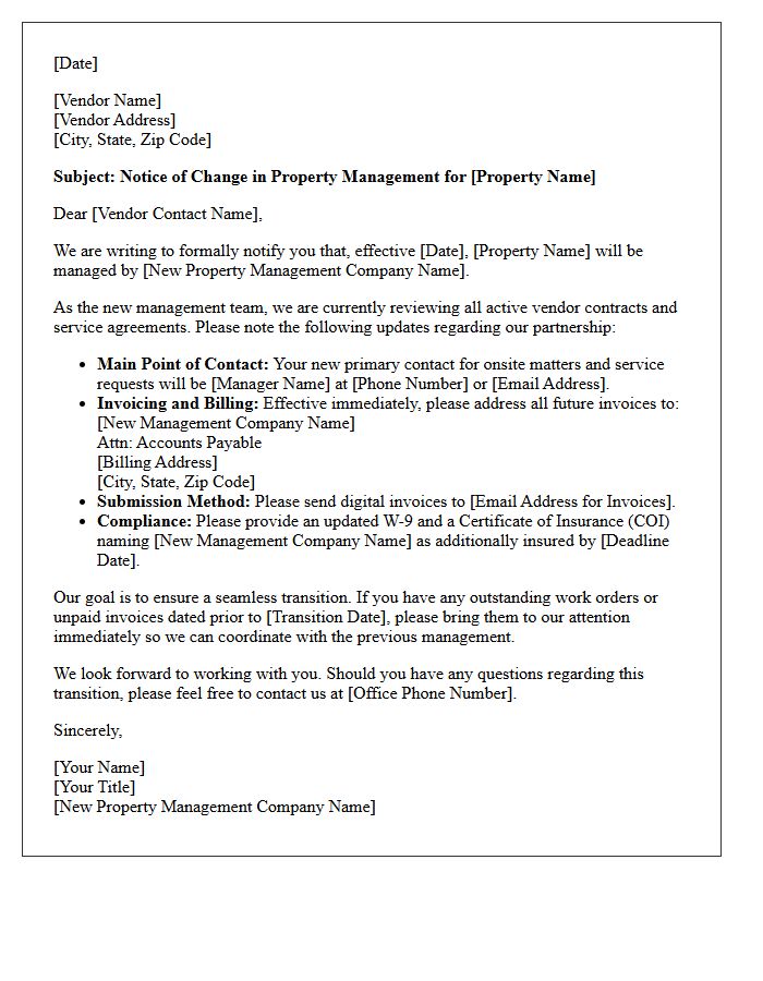 Vendor Update Letter Introducing the New Property Management Team
