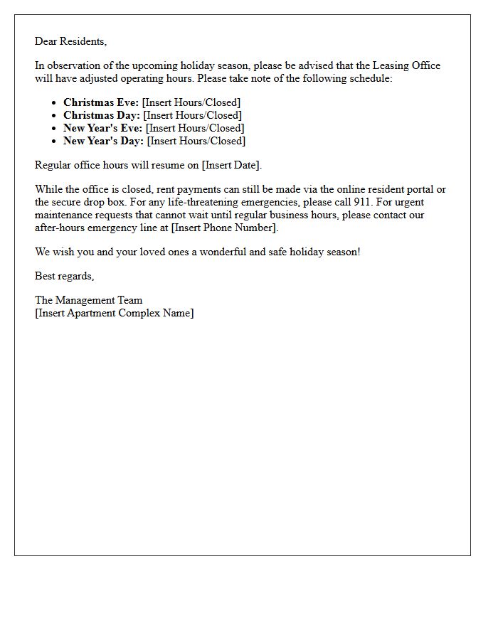 Adjusted Leasing Office Hours for the Holiday Season Letter