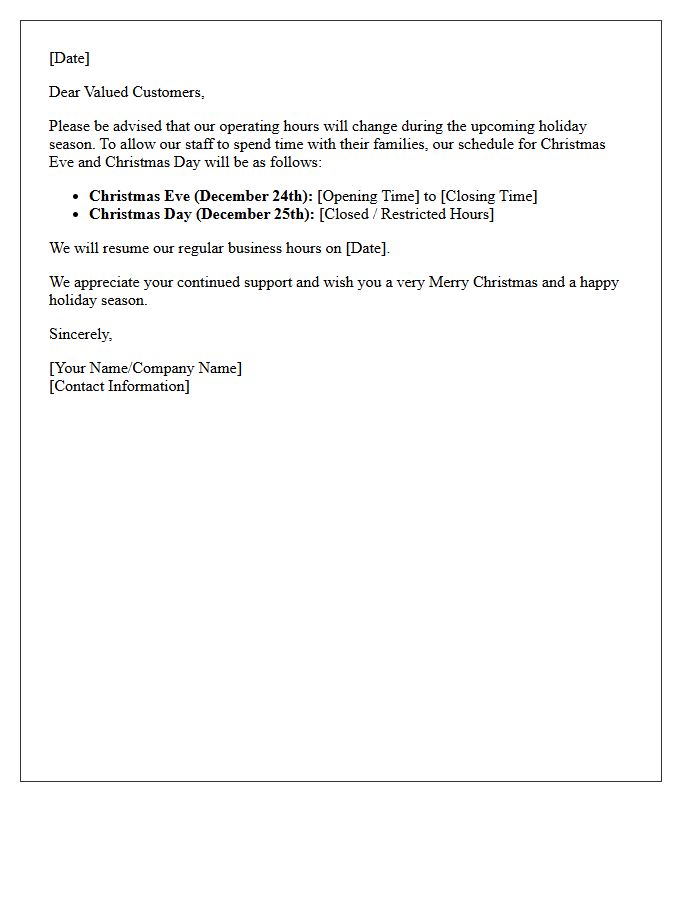 Christmas Eve and Christmas Day Operating Hours Letter