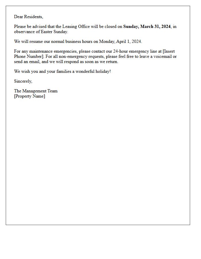 Easter Sunday Leasing Office Closure Announcement Letter