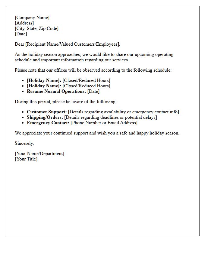 General Holiday Operating Schedule and Information Letter
