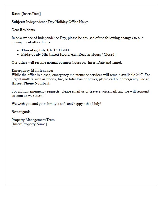 Independence Day Property Management Office Hours Letter