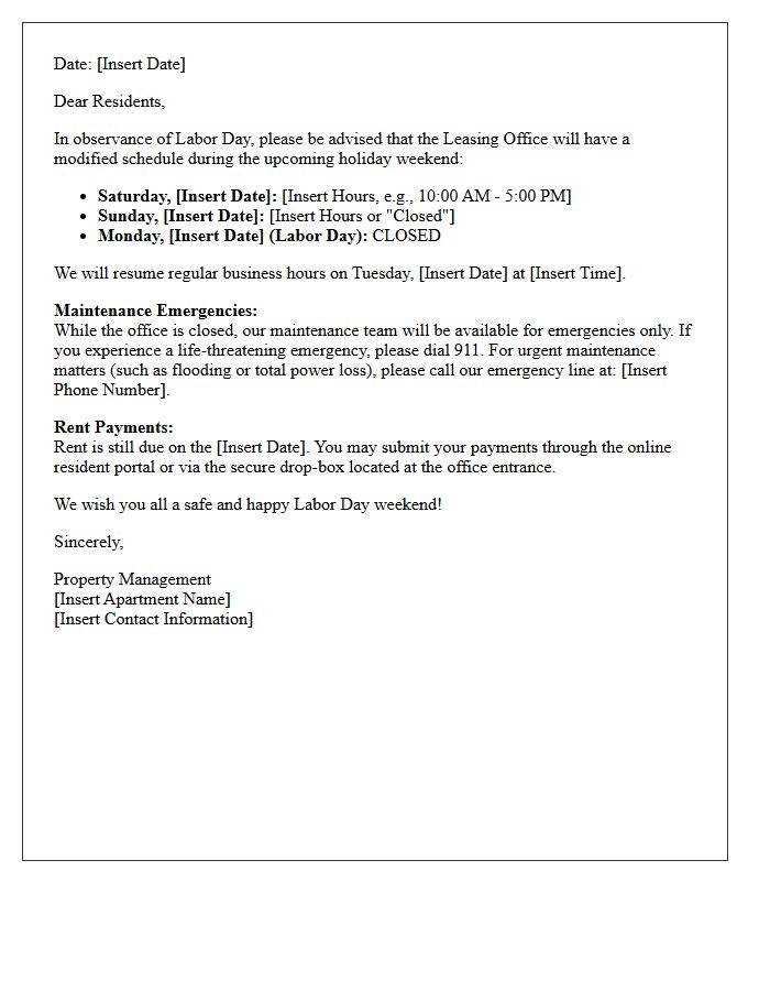 Labor Day Weekend Leasing Office Schedule Letter