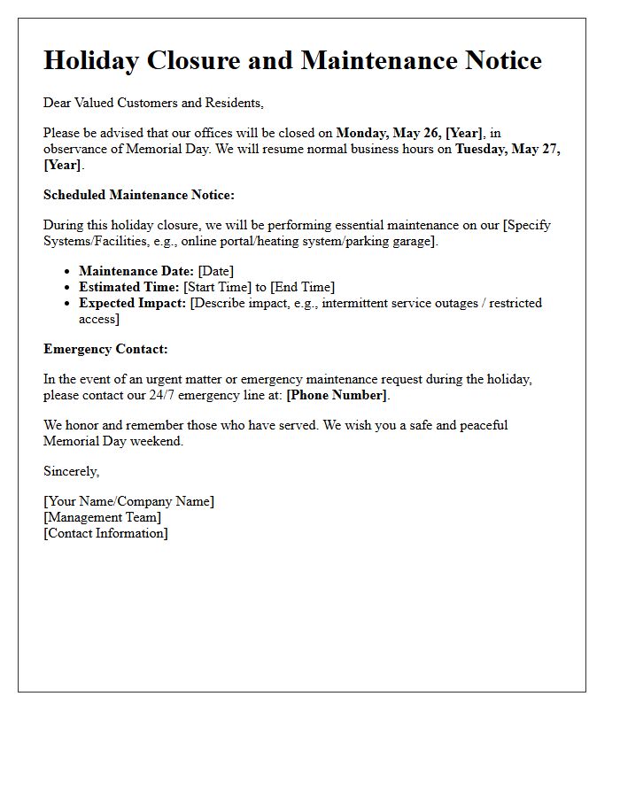 Memorial Day Holiday Closure and Maintenance Notice Letter