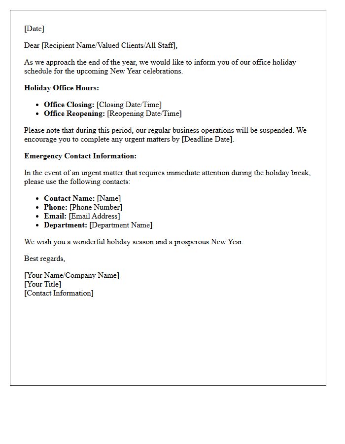 New Year Holiday Schedule and Emergency Contacts Letter