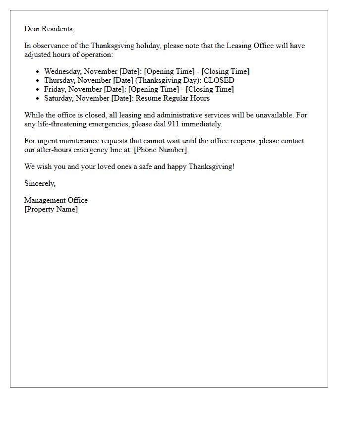 Thanksgiving Holiday Leasing Office Hours Announcement Letter