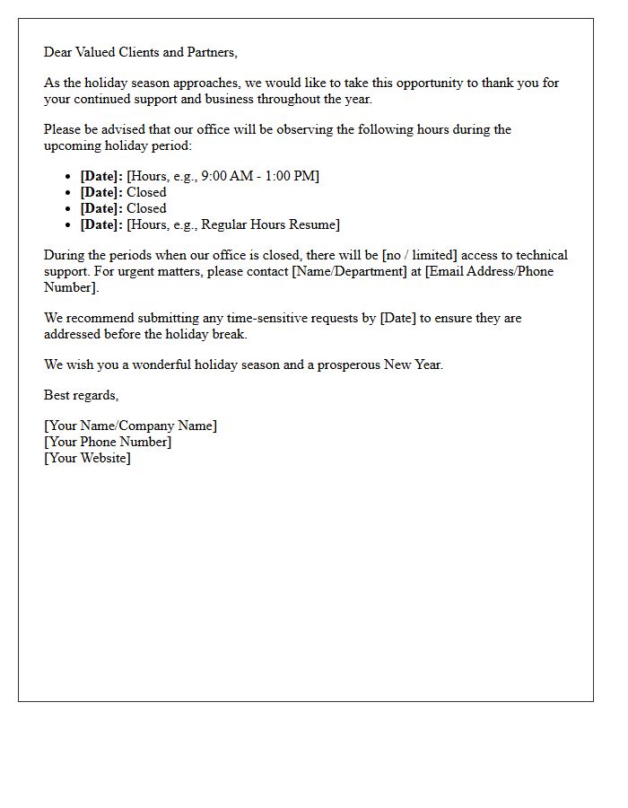 Upcoming Holiday Season Office Hours Notification Letter