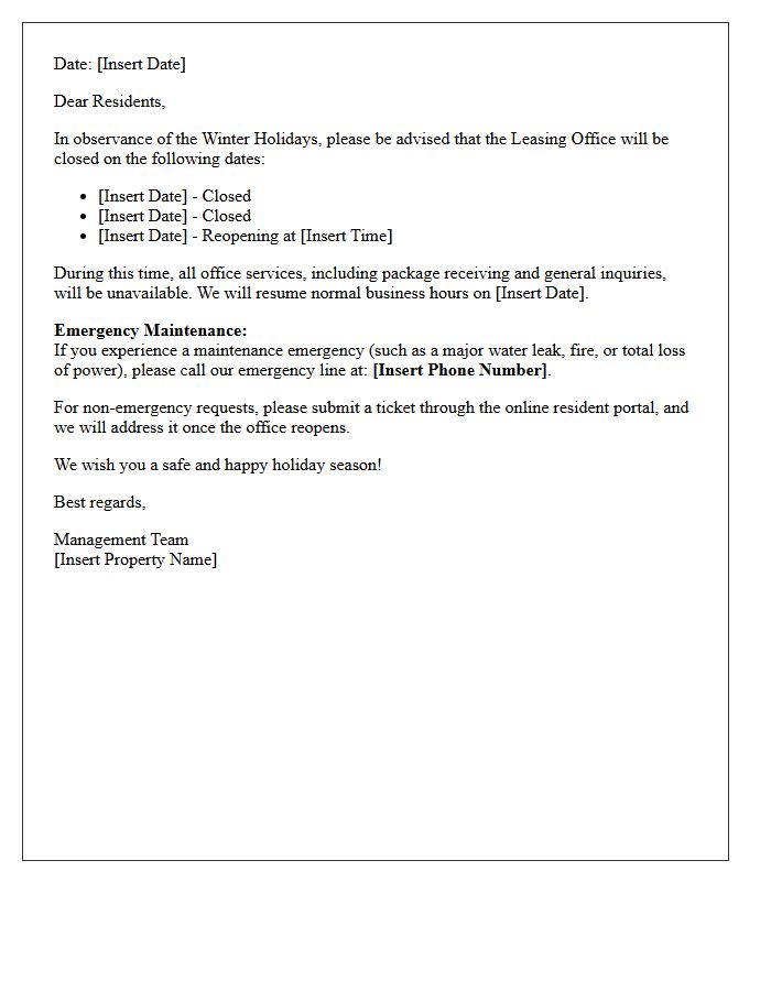 Winter Holiday Leasing Office Closure Notice Letter