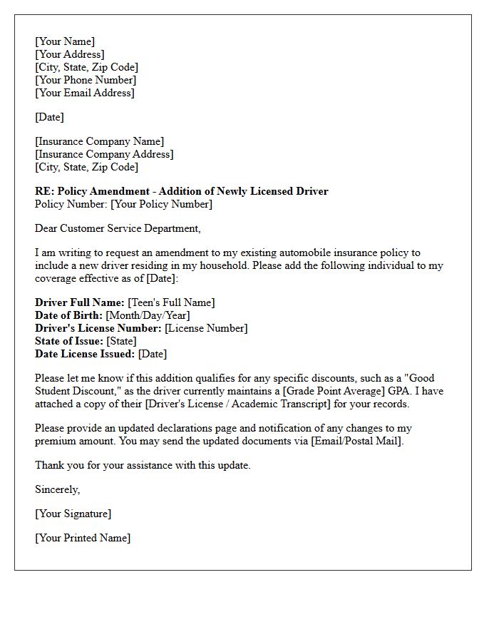 Auto Policy Amendment Letter for Teen Driver Addition