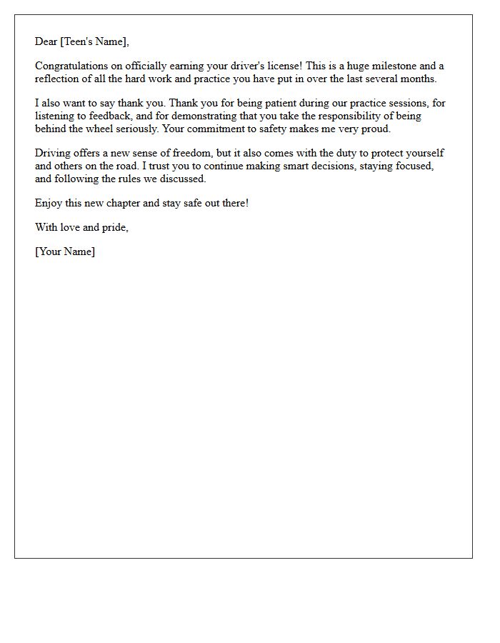 Congratulations and Thank You Teen Driver Letter
