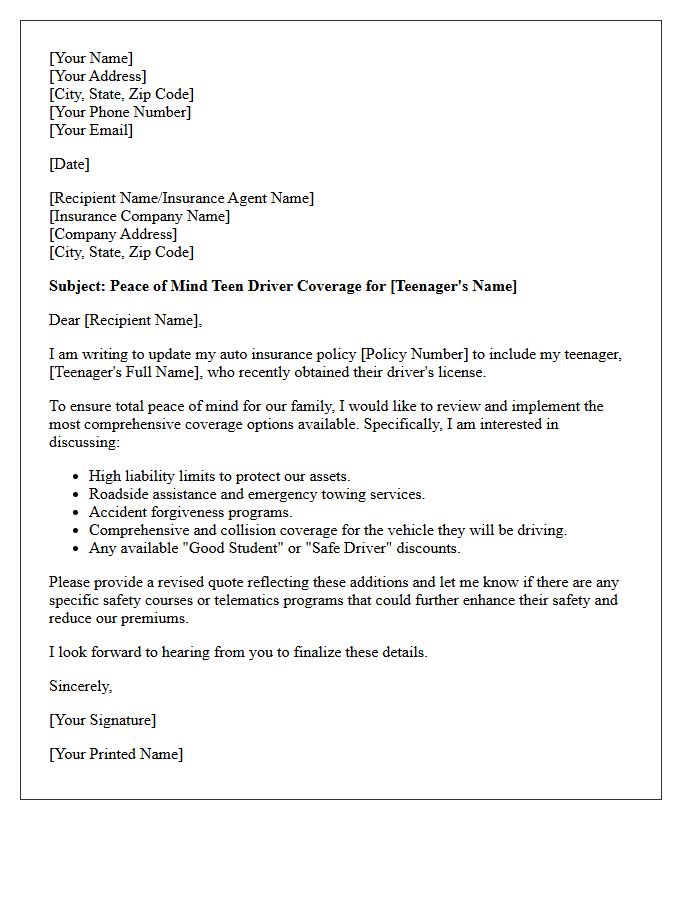 Peace of Mind Teen Driver Coverage Letter