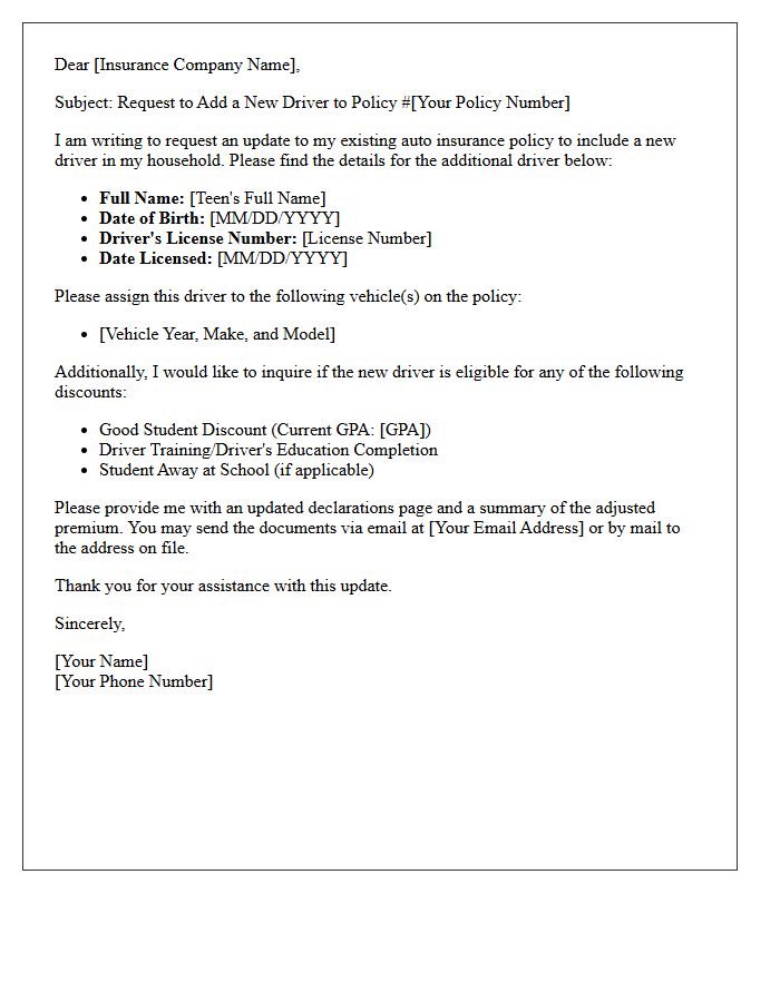 Policy Update Letter for Your New Teen Driver