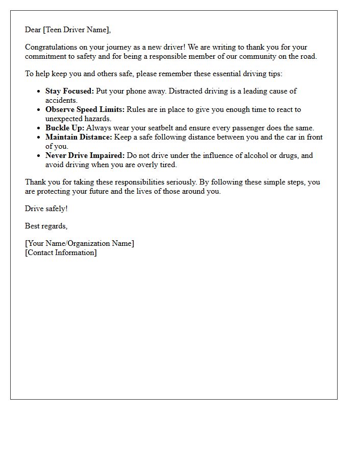 Safe Driving Tips and Thank You Letter for Teen Drivers