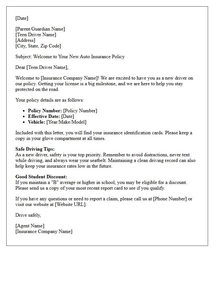Teen Driver Auto Insurance Welcome Letter