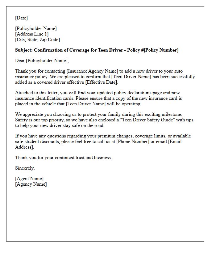 Teen Driver Coverage Confirmation and Thank You Letter