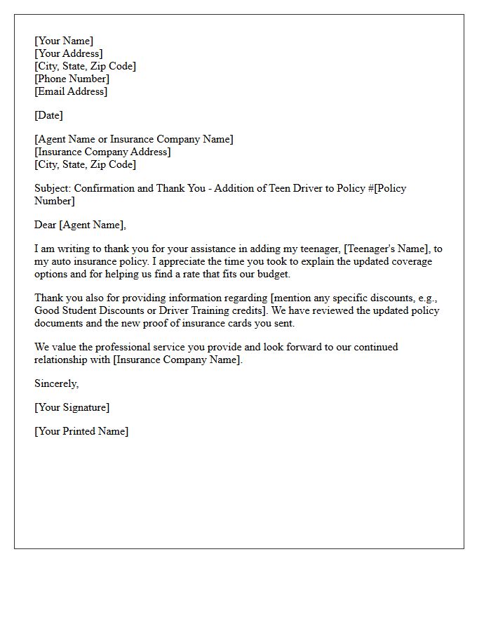 Thank You Letter for Adding Your Teen Driver