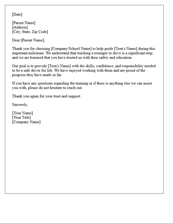 Thank You Letter for Trusting Us With Your Teen Driver