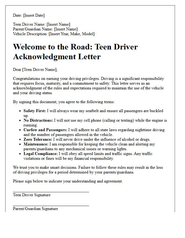 Welcome to the Road Teen Driver Acknowledgment Letter