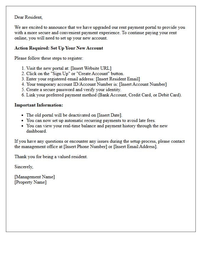Account Setup Instructions Letter for Upgraded Rent Payment Portal
