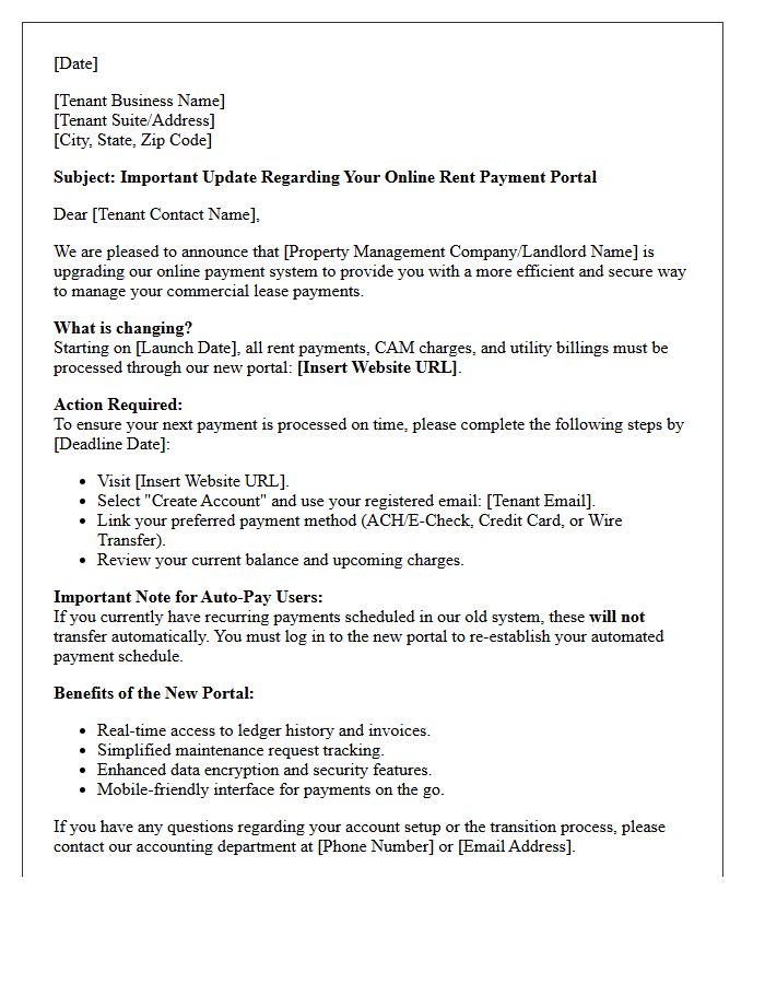 Commercial Tenant Letter Announcing Online Rent Payment Portal Upgrade