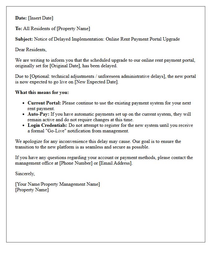 Delayed Implementation Letter for Online Rent Payment Portal Upgrade