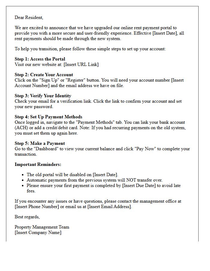 Instructional Guide Letter for Navigating the Rent Payment Portal Upgrade