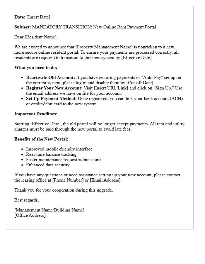 Mandatory Transition Letter for the New Online Rent Payment Portal Upgrade