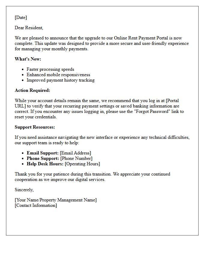 Post-Upgrade Support Letter for the Online Rent Payment Portal