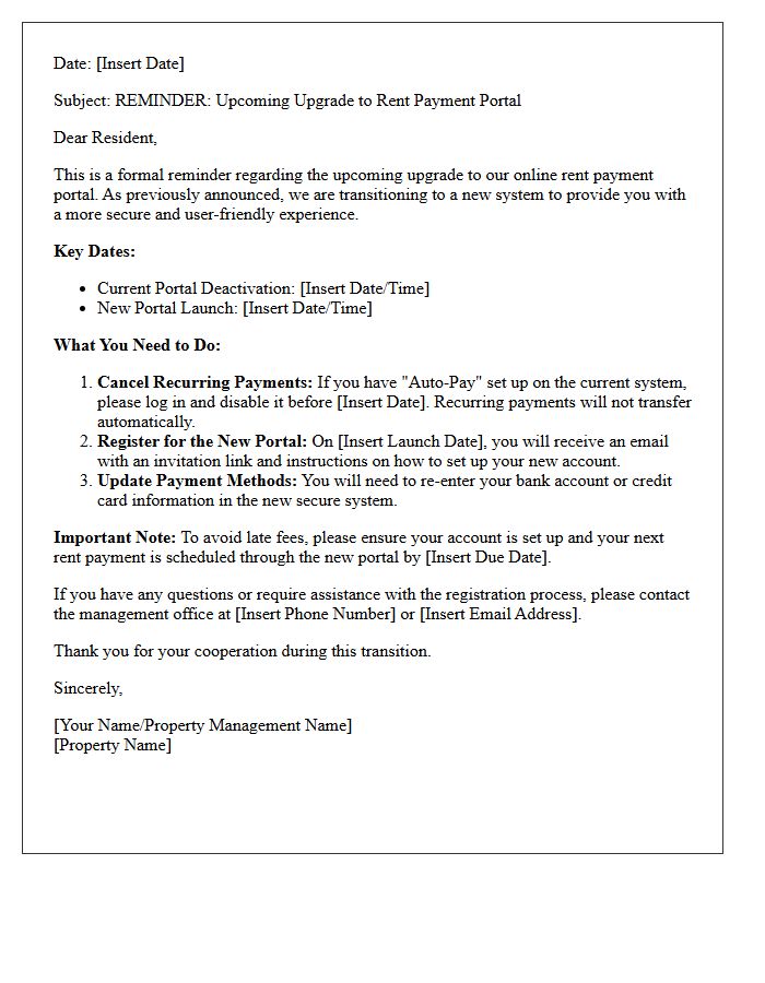 Reminder Letter Concerning the Upcoming Rent Payment Portal Upgrade