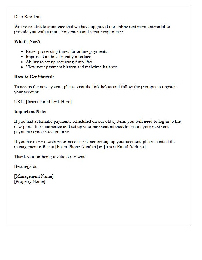 Residential Welcome Letter for the Upgraded Online Rent Payment Portal