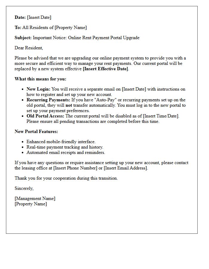Standard Notice Letter Regarding Online Rent Payment Portal Upgrade
