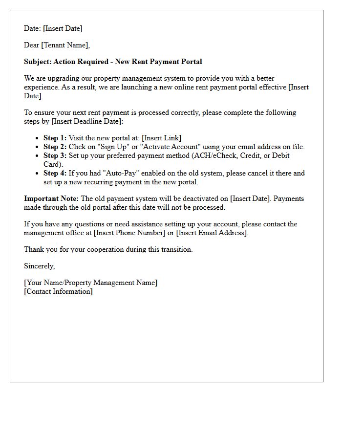 Tenant Action Required Letter for Rent Payment Portal Upgrade