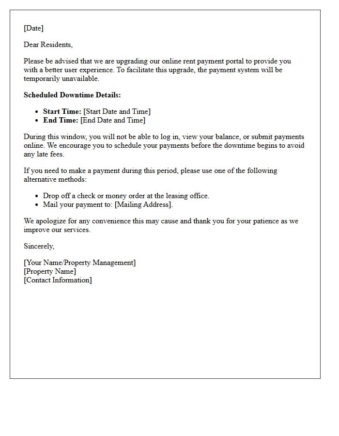 Upcoming Downtime Letter Due to Online Rent Payment Portal Upgrade
