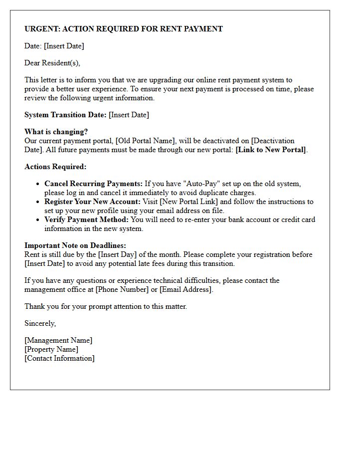 Urgent Notification Letter Regarding Online Rent Payment Portal Upgrade