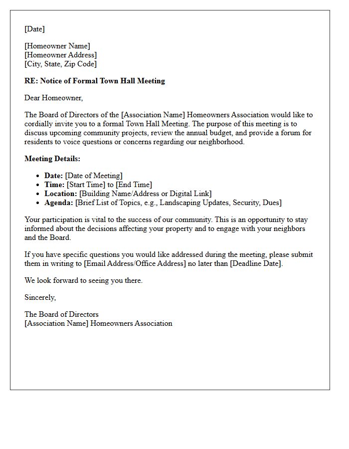 Formal Homeowners Association Town Hall Announcement Letter