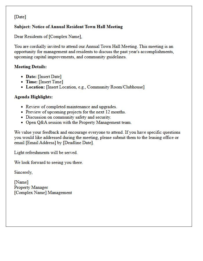 Multifamily Complex Annual Town Hall Announcement Letter
