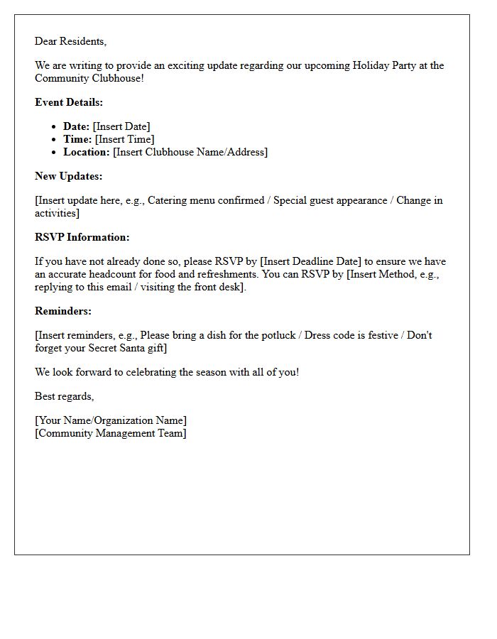 Community Clubhouse Holiday Party Update Letter