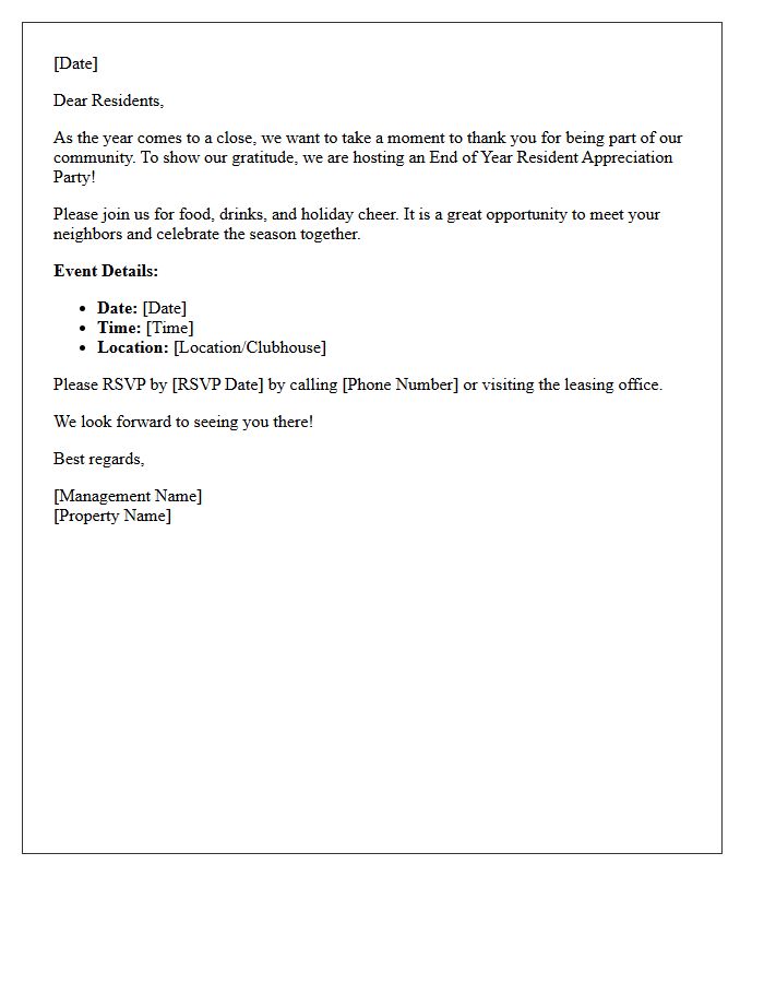 End Of Year Resident Appreciation Party Letter