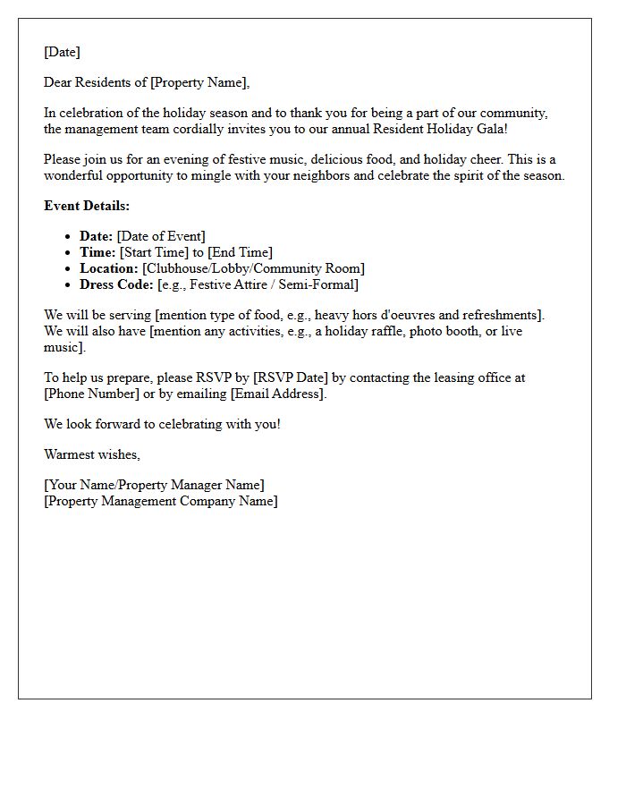 Property Management Resident Holiday Gala Letter