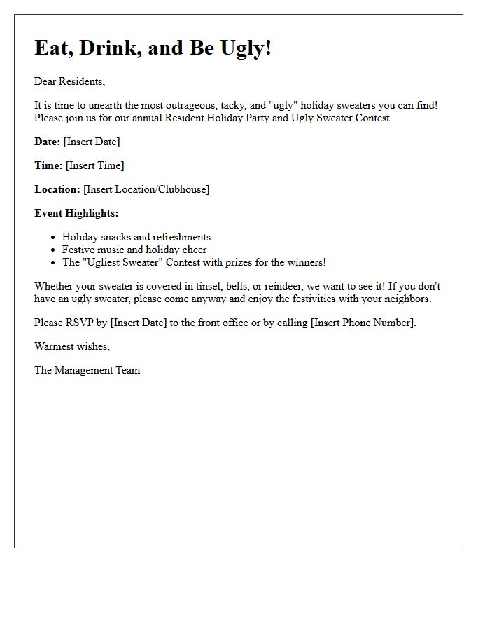 Ugly Sweater Resident Holiday Party Invitation Letter