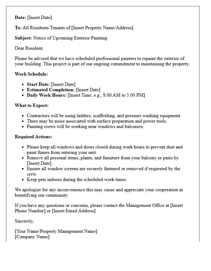 Advance Notice of Exterior Painting Schedule Letter