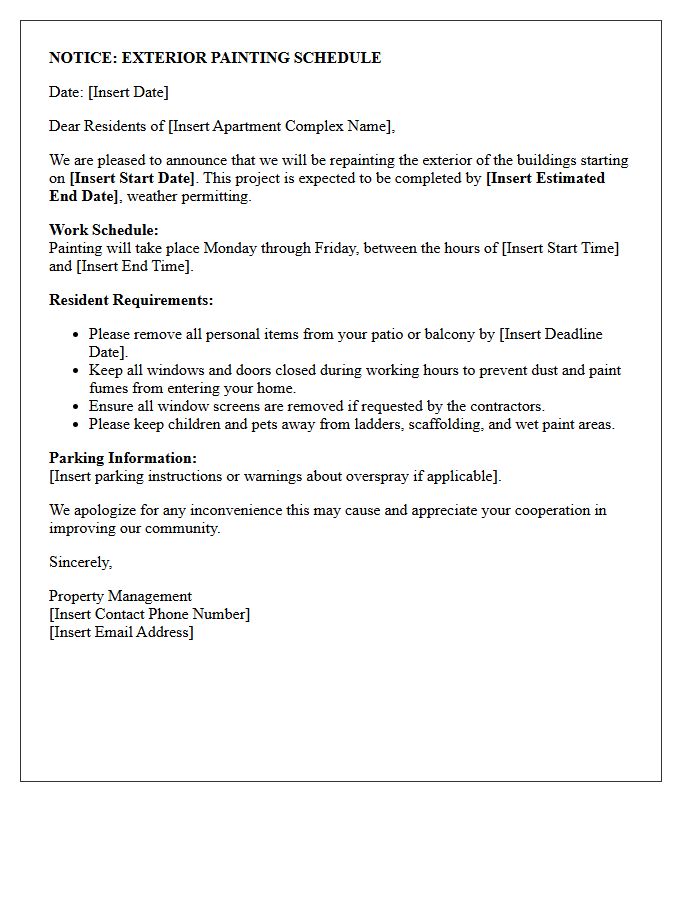 Apartment Complex Exterior Painting Schedule Letter