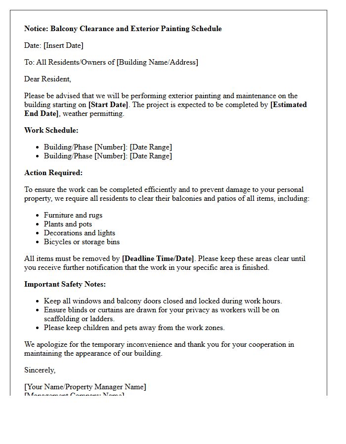 Balcony Clearance and Exterior Painting Schedule Letter