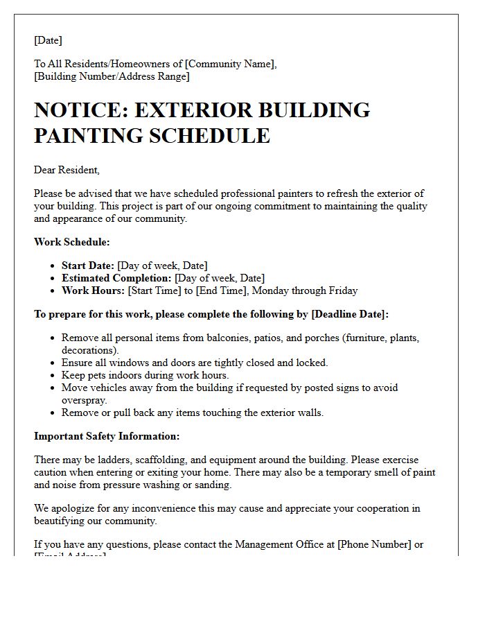 Community Exterior Building Painting Schedule Letter